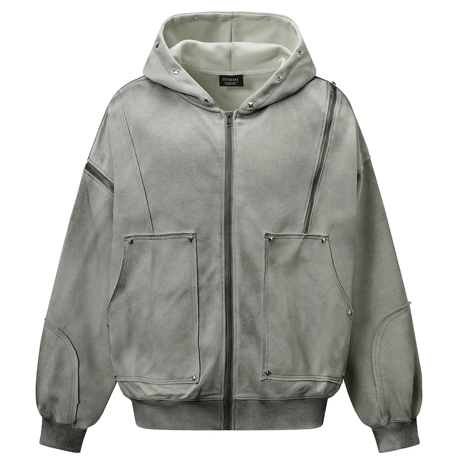 Y2K Diamond Rivet Patchwork Full Zip Up Hoodie