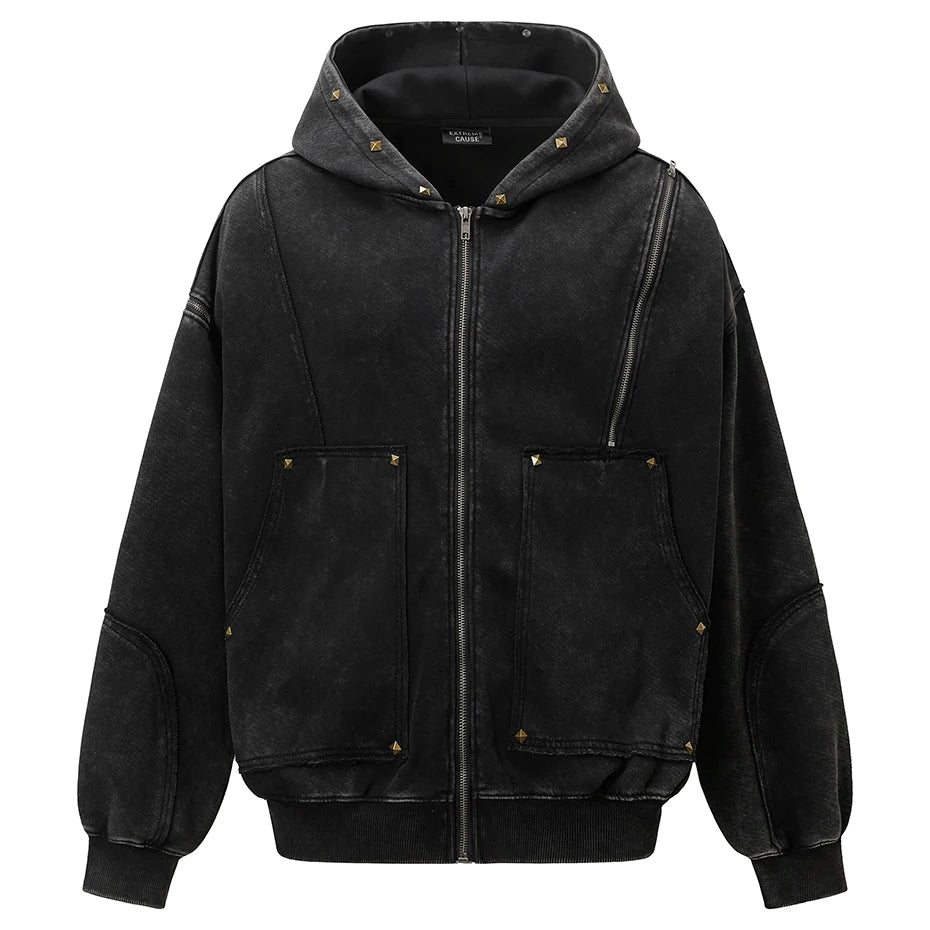 Y2K Diamond Rivet Patchwork Full Zip Up Hoodie