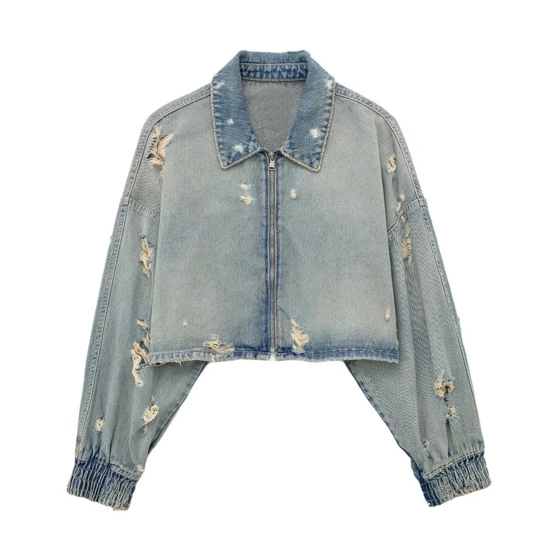 Y2K Distressed Cropped Denim Jacket