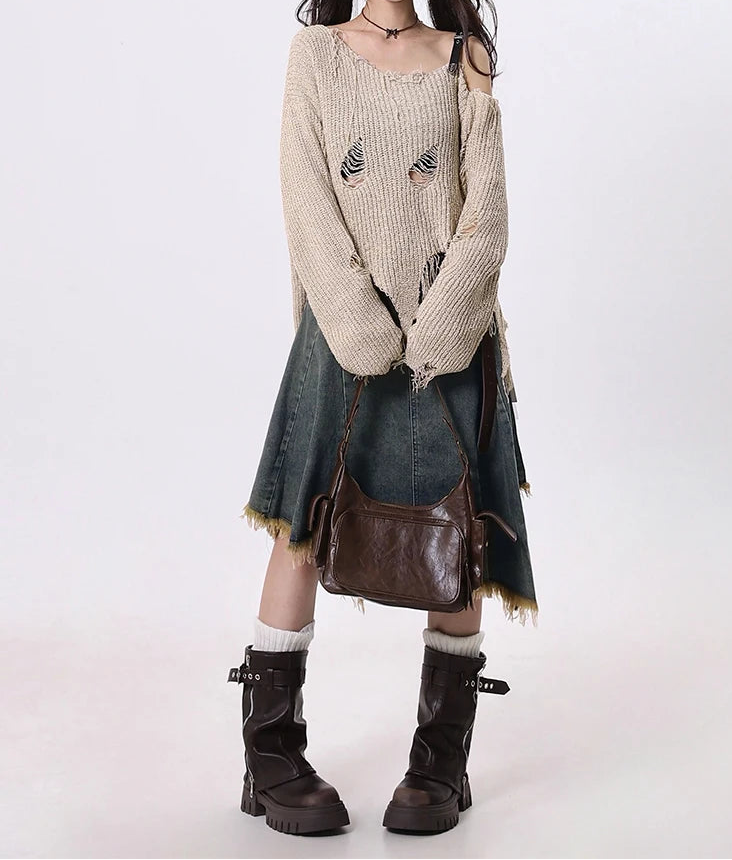 Y2K Distressed Hem Irregular A Line Midi Skirt Denim