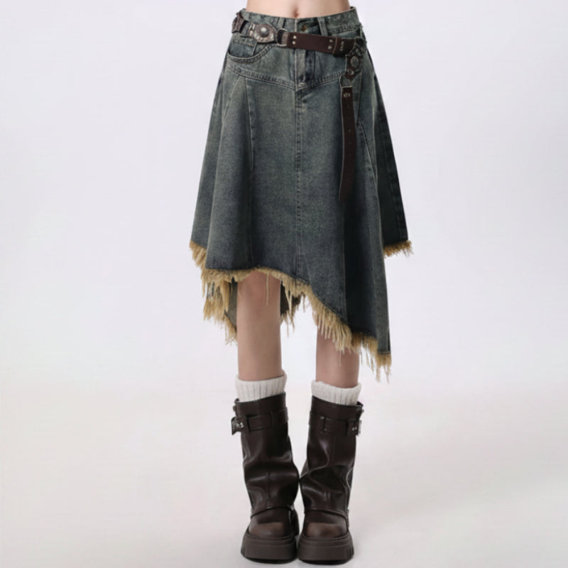 Y2K Distressed Hem Irregular A Line Midi Skirt Denim
