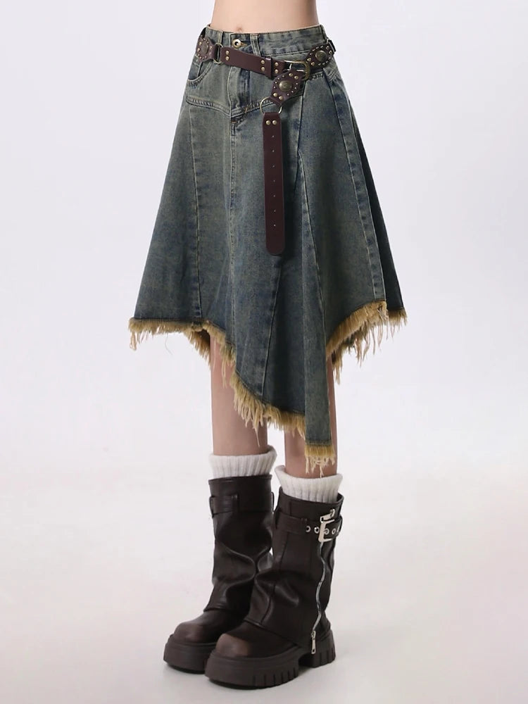 Y2K Distressed Hem Irregular A Line Midi Skirt Denim