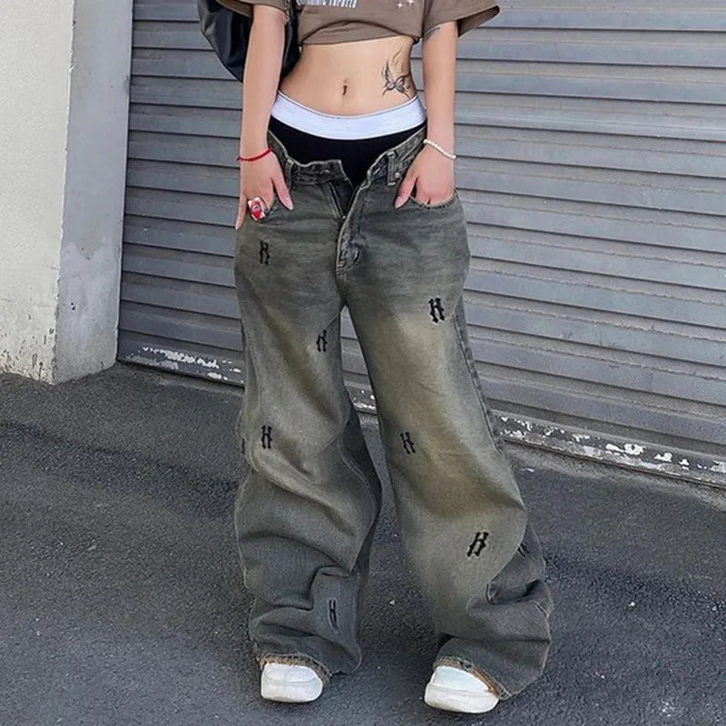 Y2K Distressed Low Waist Print Baggy Jeans