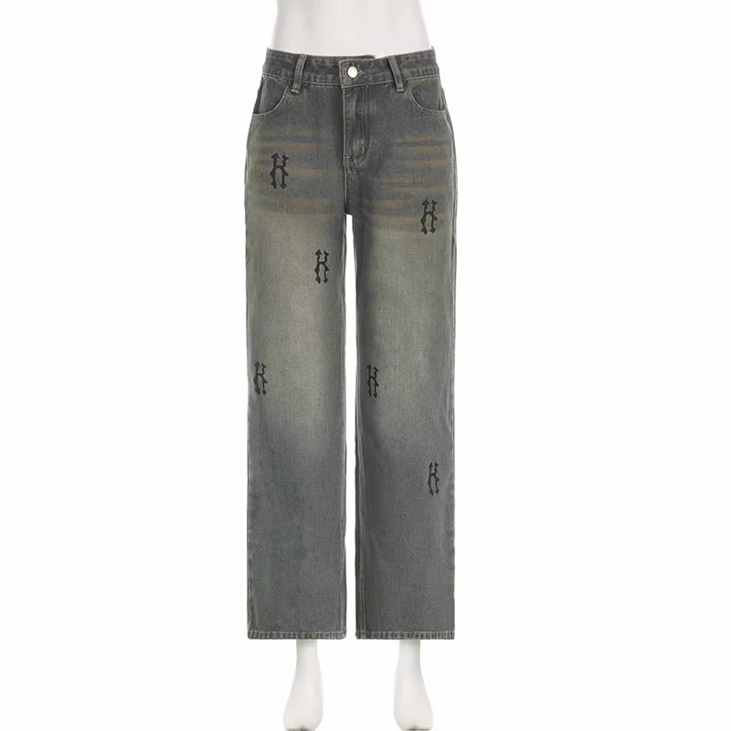 Y2K Distressed Low Waist Print Baggy Jeans