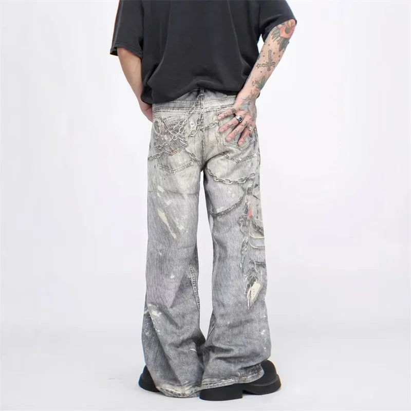 Y2K Distressed Printed Baggy Boot Cut Jeans