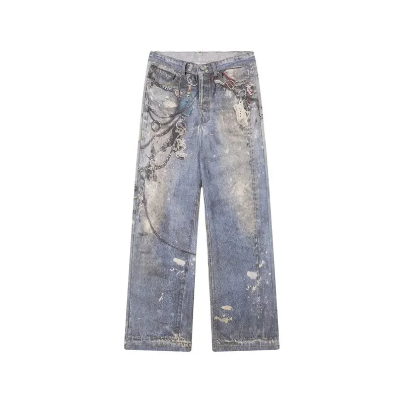 Y2K Distressed Printed Baggy Boot Cut Jeans