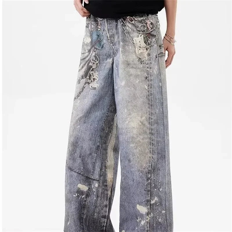 Y2K Distressed Printed Baggy Boot Cut Jeans