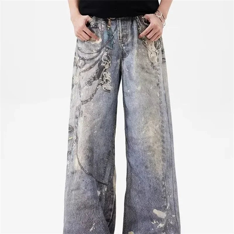 Y2K Distressed Printed Baggy Boot Cut Jeans