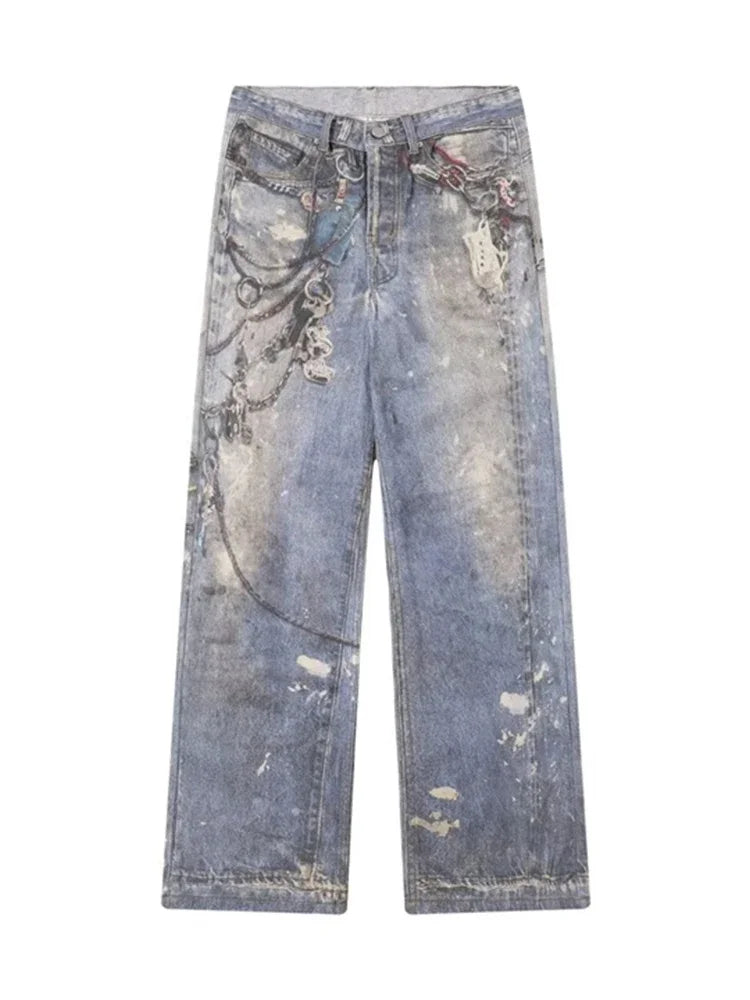 Y2K Distressed Printed Baggy Boot Cut Jeans