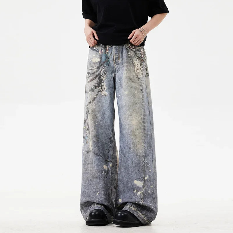 Y2K Distressed Printed Baggy Boot Cut Jeans