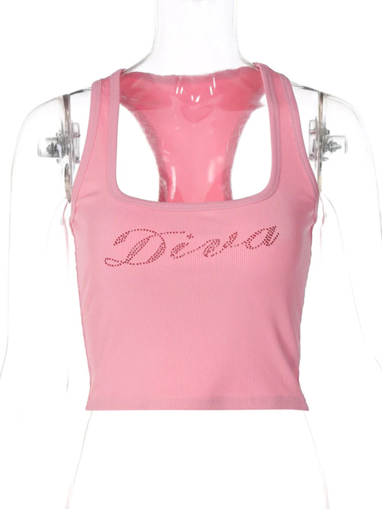 Y2K Diva Rhinestone Graphic Crop Tank Top