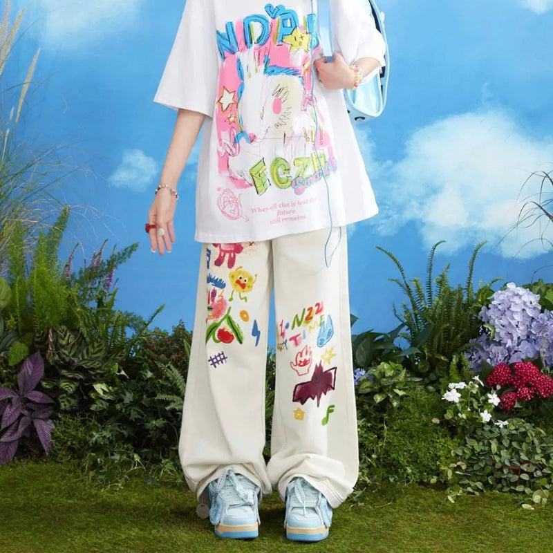 Y2K Doodle Graphic Wide Leg Chic Baggy Jeans