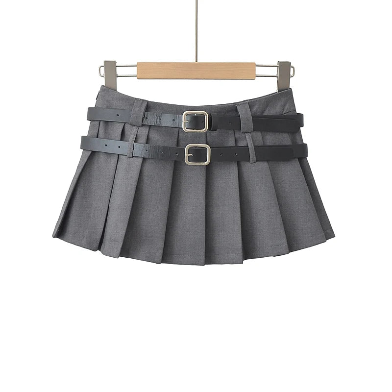 Y2K Double Belt Pleated Mini Skirt