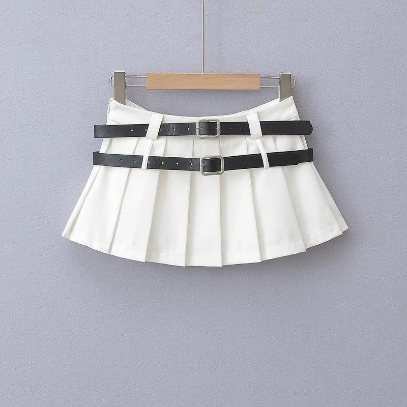 Y2K Double Belt Pleated Mini Skirt