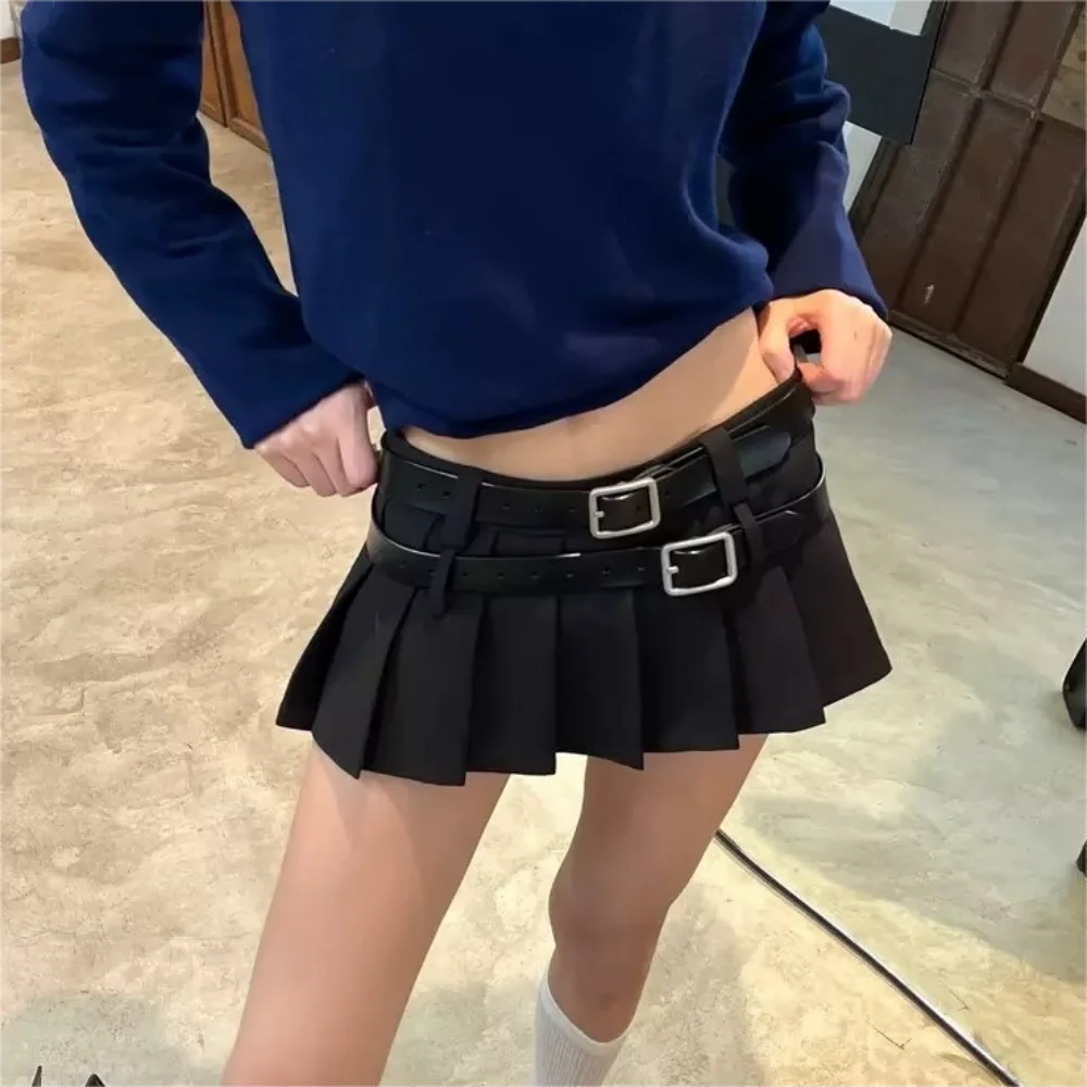 Y2K Double Belt Pleated Mini Skirt