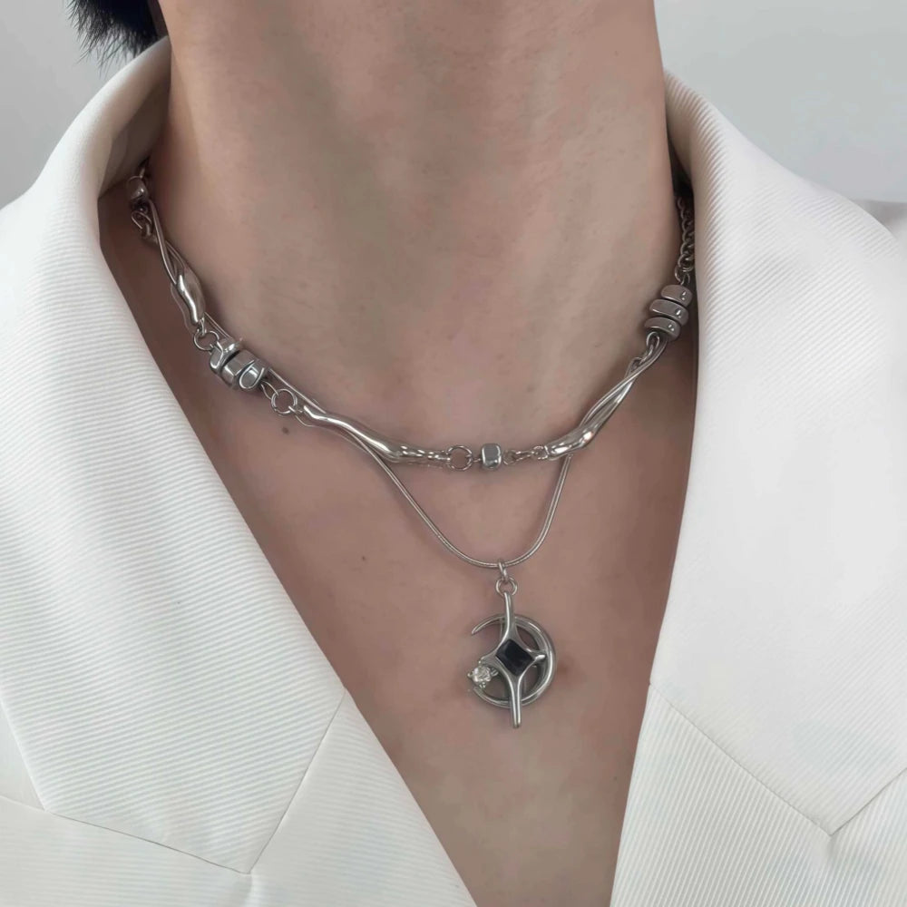 Y2K Double Layer Moon And Star Black Pearl Necklace