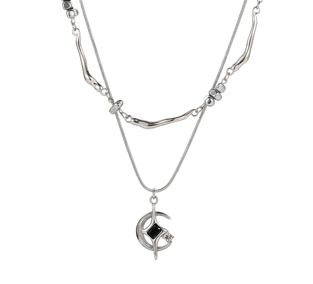 Y2K Double Layer Moon And Star Black Pearl Necklace