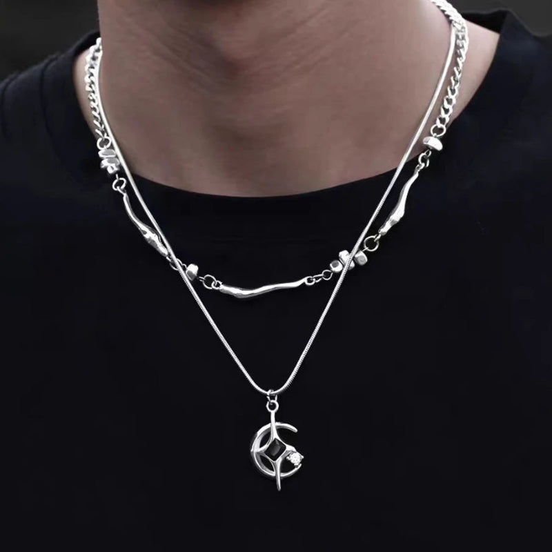 Y2K Double Layer Moon And Star Black Pearl Necklace