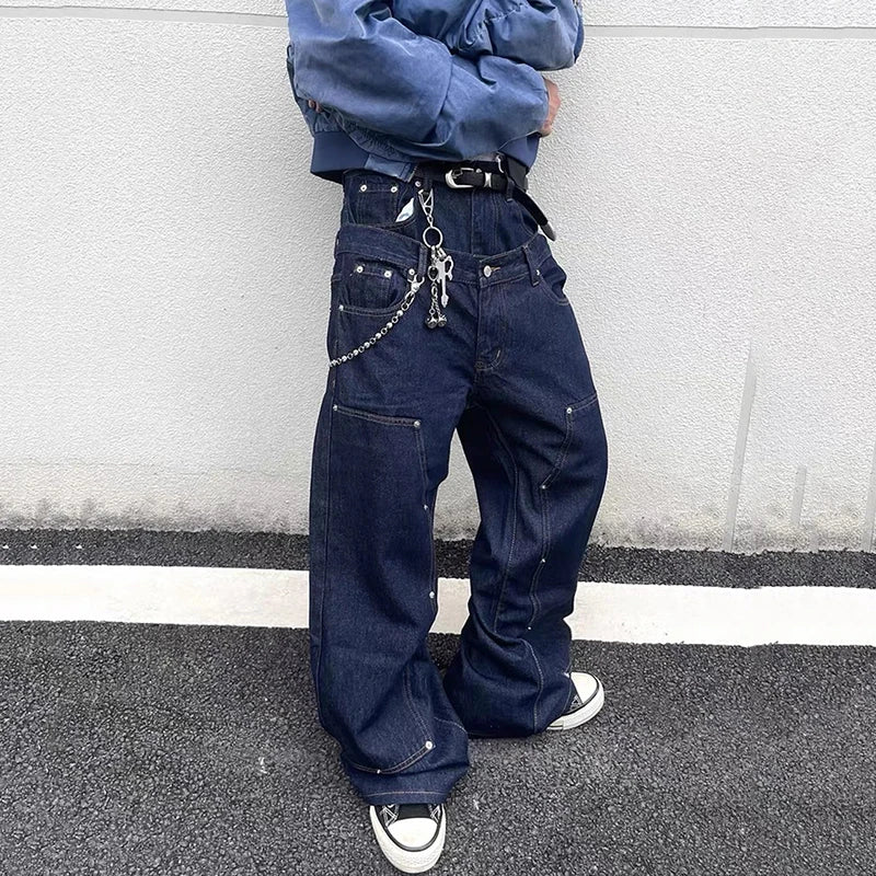 Y2K Double Waistband Rivet Straight Leg Jeans