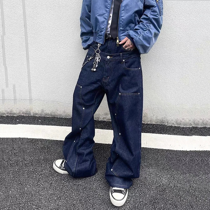 Y2K Double Waistband Rivet Straight Leg Jeans