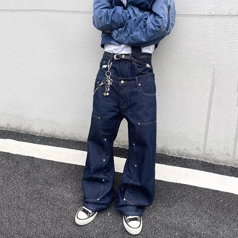 Y2K Double Waistband Rivet Straight Leg Jeans