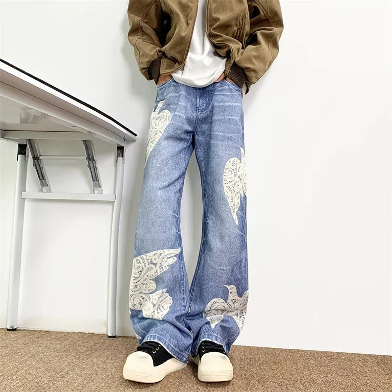 Y2K "Dove Of Peace" Embroidered Baggy Denim Jeans
