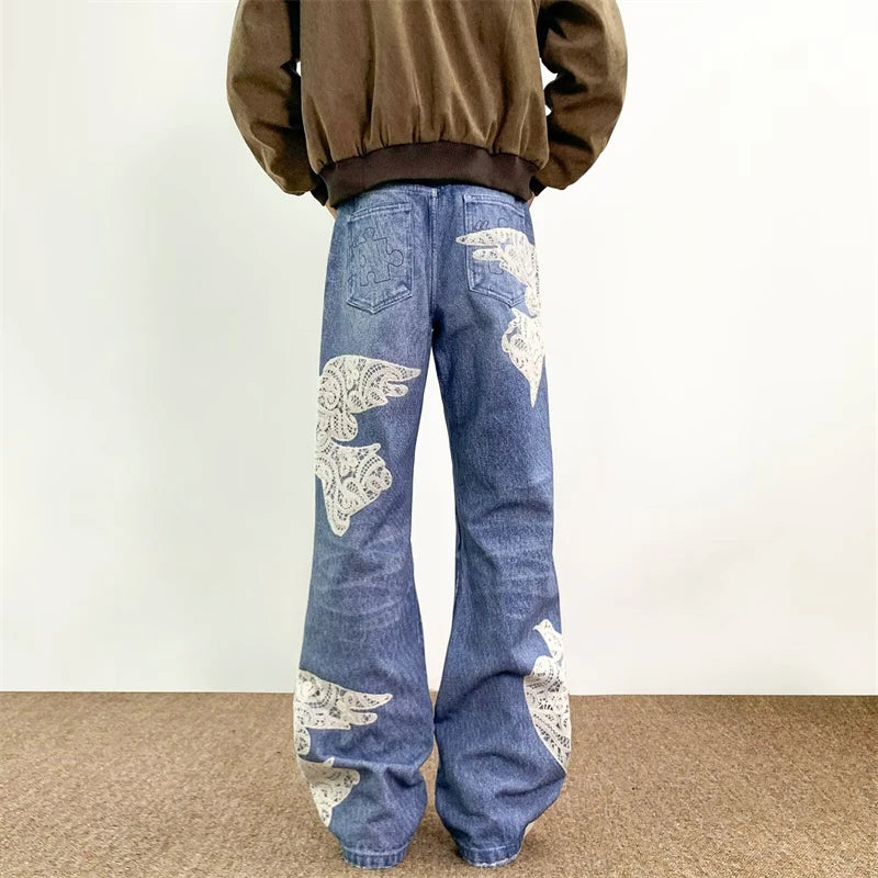 Y2K "Dove Of Peace" Embroidered Baggy Denim Jeans