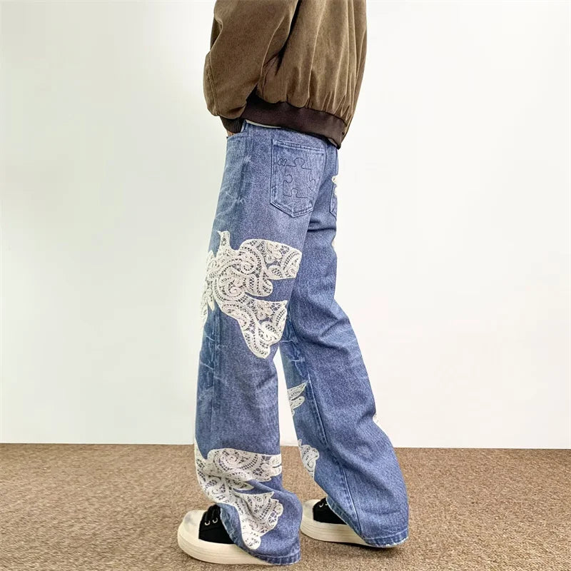 Y2K "Dove Of Peace" Embroidered Baggy Denim Jeans