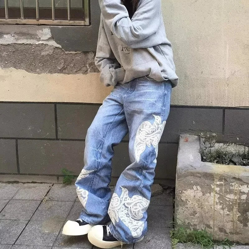 Y2K "Dove Of Peace" Embroidered Baggy Denim Jeans