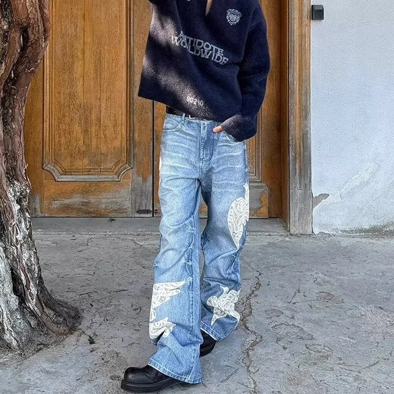 Y2K "Dove Of Peace" Embroidered Baggy Denim Jeans