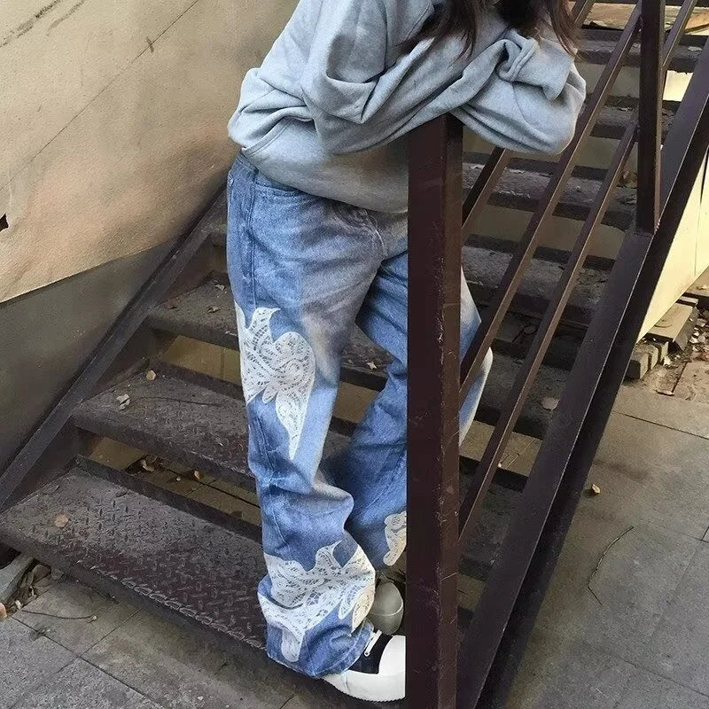 Y2K "Dove Of Peace" Embroidered Baggy Denim Jeans