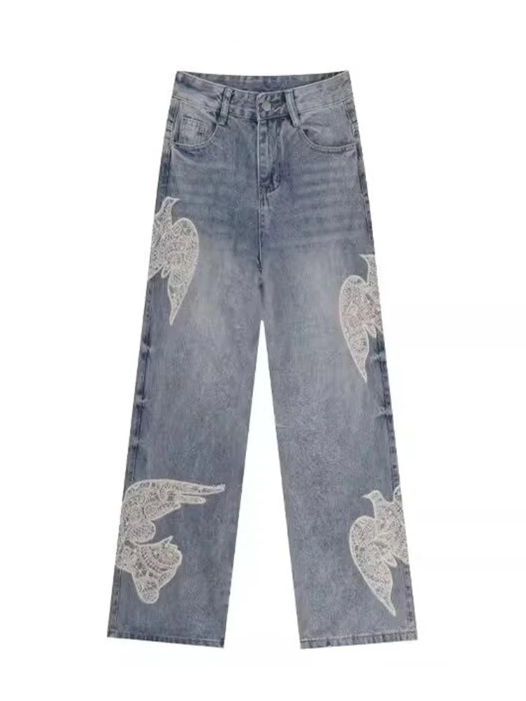 Y2K "Dove Of Peace" Embroidered Baggy Denim Jeans