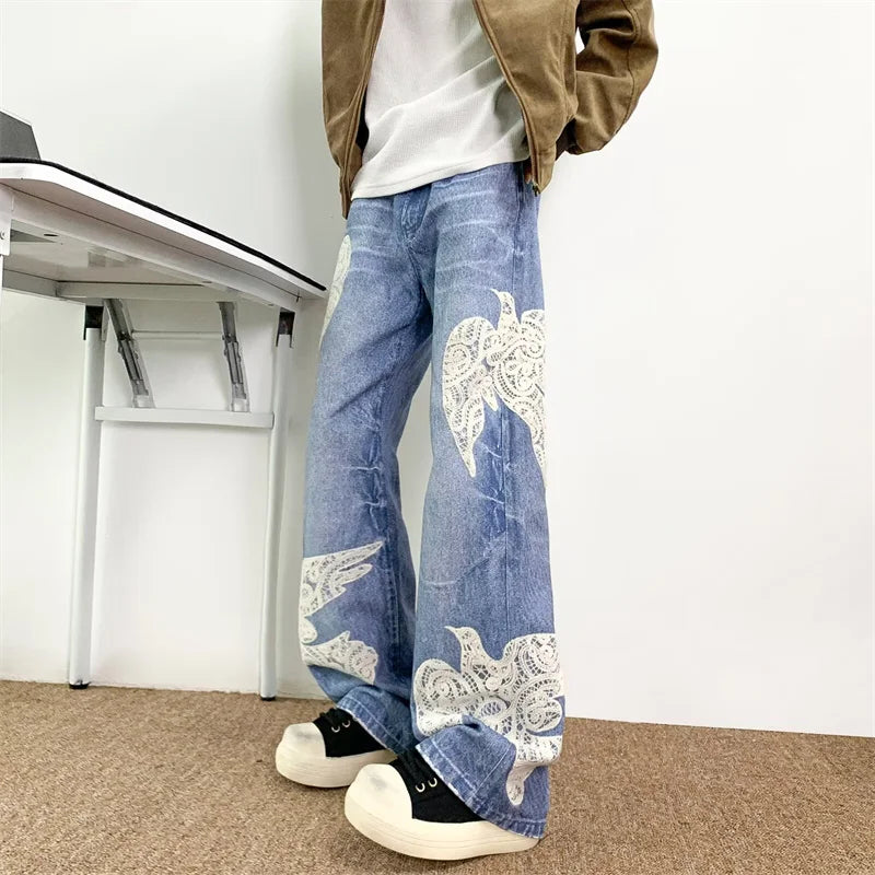 Y2K "Dove Of Peace" Embroidered Baggy Denim Jeans