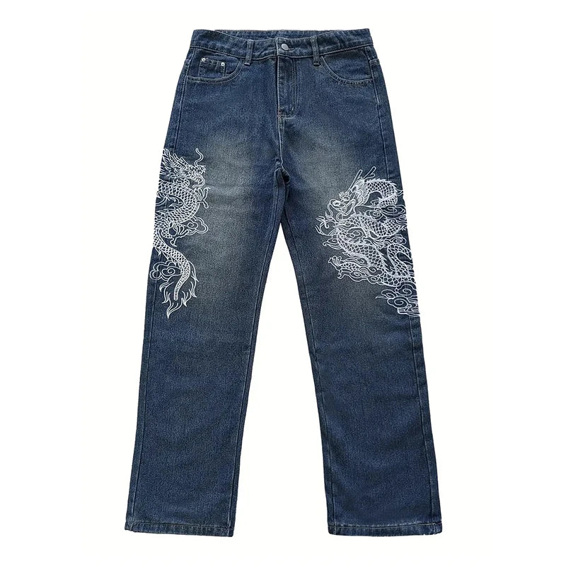 Y2K Dragon Embroidered Baggy Blue Denim Jeans