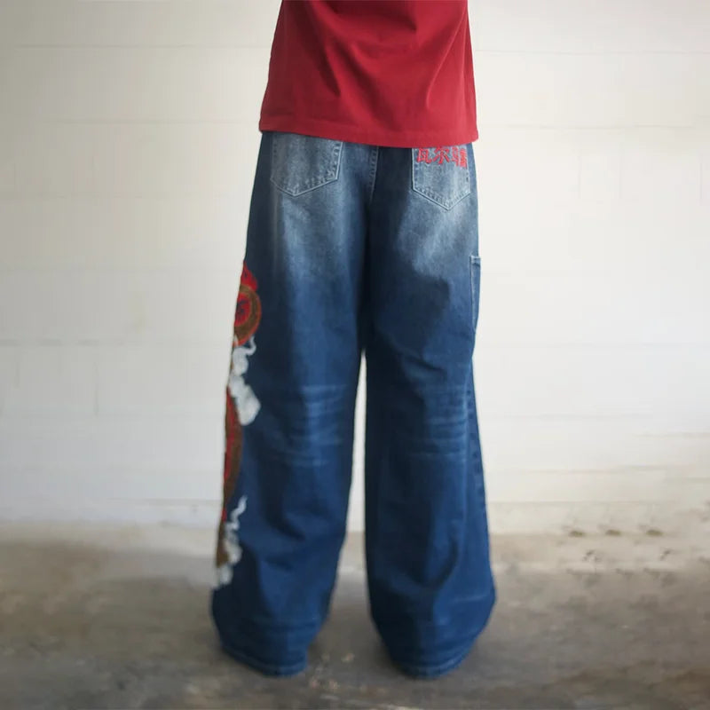 Y2K Dragon Graphic Baggy Embroidered Jeans