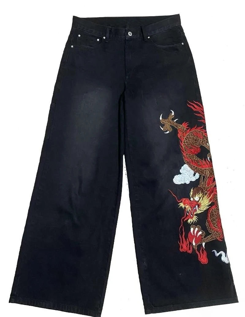 Y2K Dragon Graphic Baggy Embroidered Jeans