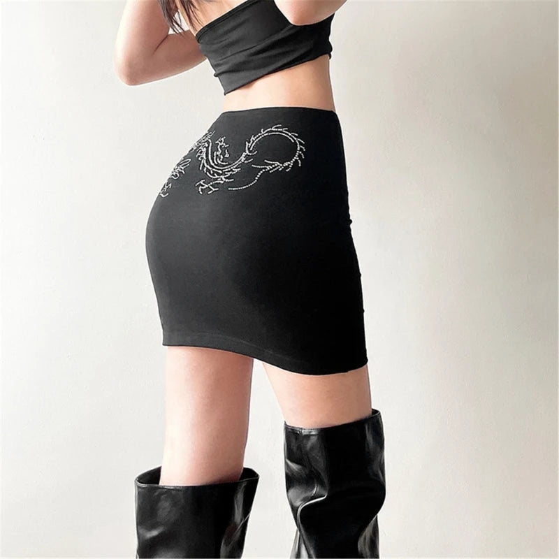 Y2K Dragon Rhinestone Dragon Black Mini Skirt