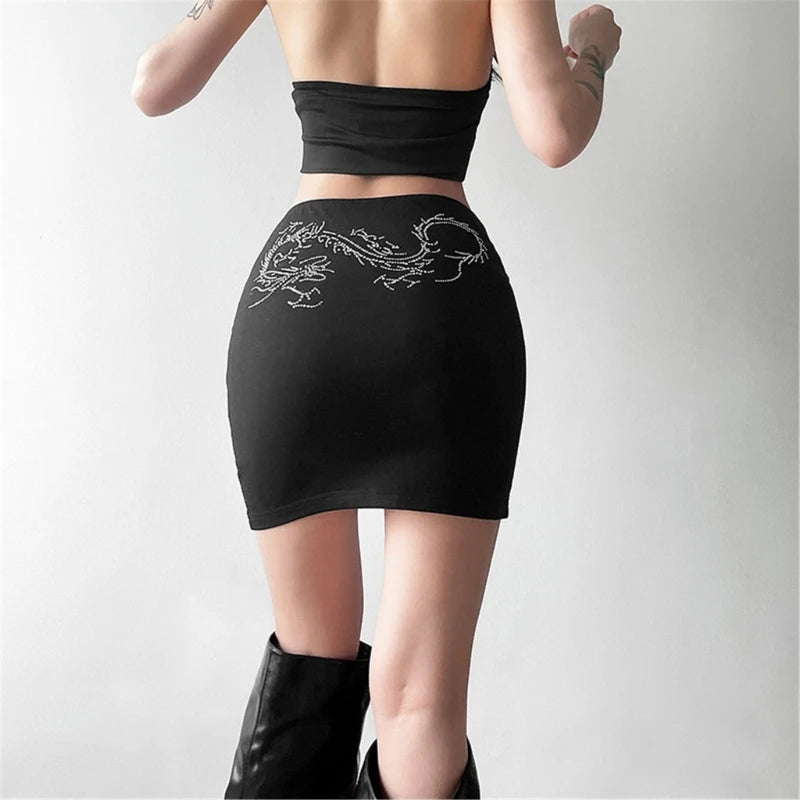 Y2K Dragon Rhinestone Dragon Black Mini Skirt