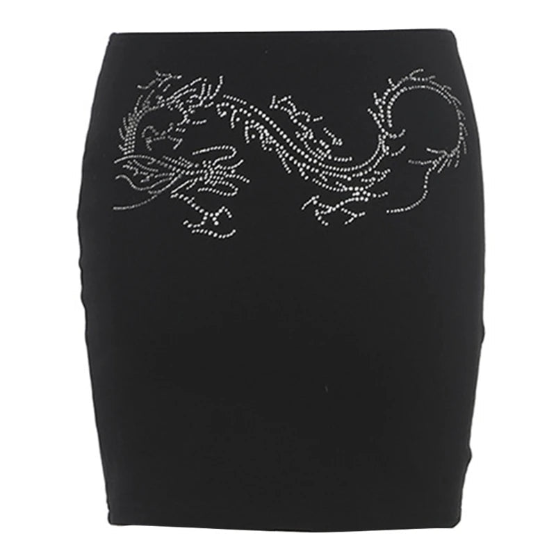 Y2K Dragon Rhinestone Dragon Black Mini Skirt