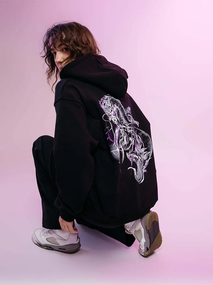 Y2K Dragon Serpent Print Black Hoodie