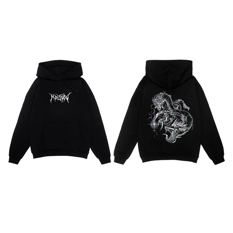 Y2K Dragon Serpent Print Black Hoodie