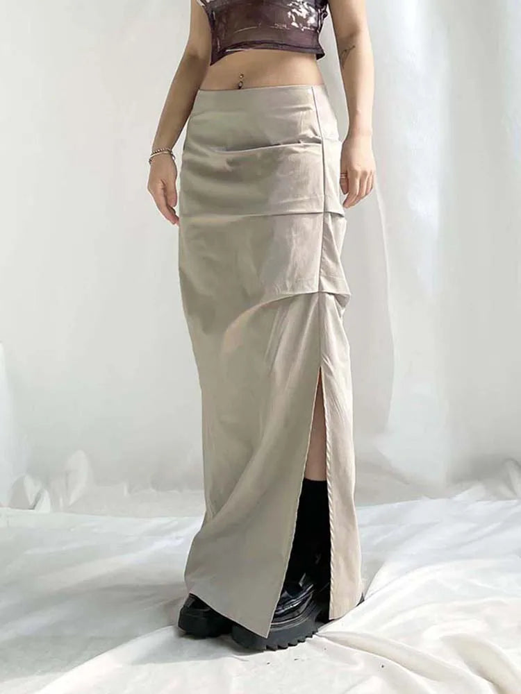 Y2K Elegant Folds Slit Long Maxi Skirt