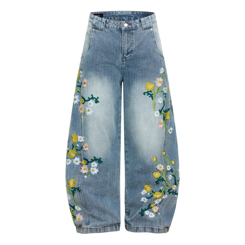 Y2K Embroidered Flower Baggy Denim Curved Barrel Jeans