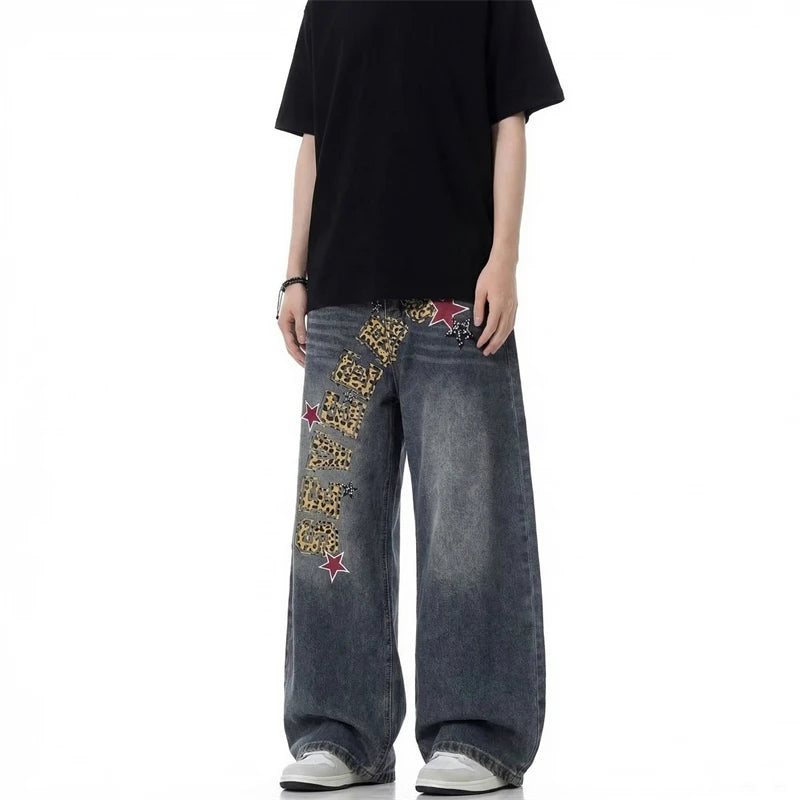 Y2K Embroidered Leopard Print Text Vintage Wash Baggy Jeans