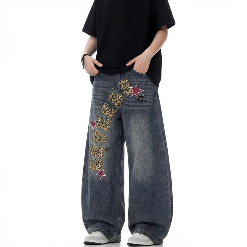 Y2K Embroidered Leopard Print Text Vintage Wash Baggy Jeans