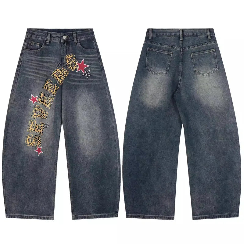 Y2K Embroidered Leopard Print Text Vintage Wash Baggy Jeans