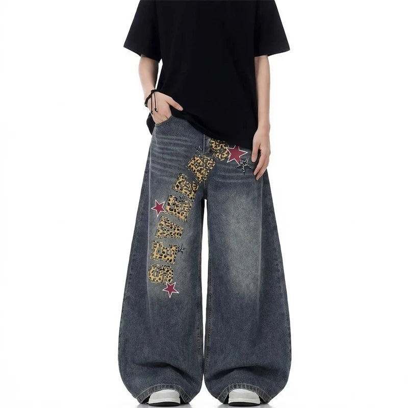 Y2K Embroidered Leopard Print Text Vintage Wash Baggy Jeans