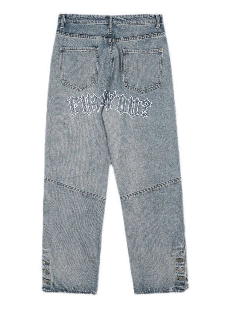 Y2K Embroidered Light Blue Baggy Jeans