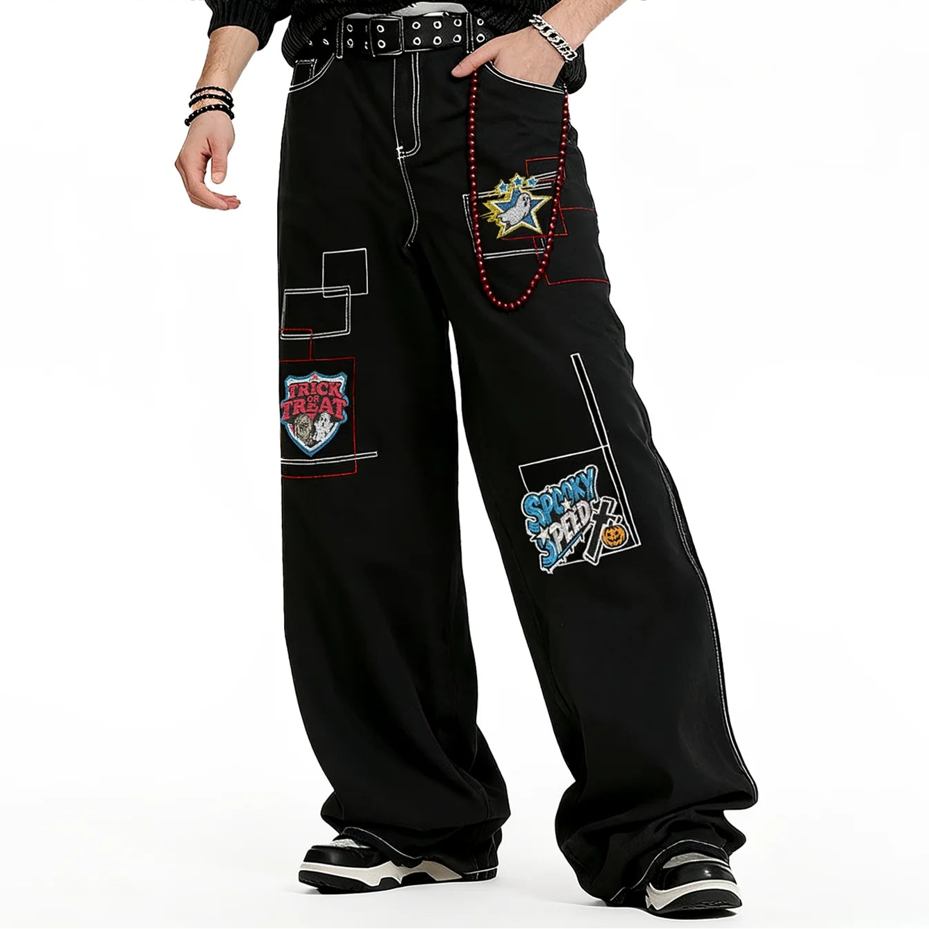 Y2K Embroidered Patchwork Black Baggy Jeans