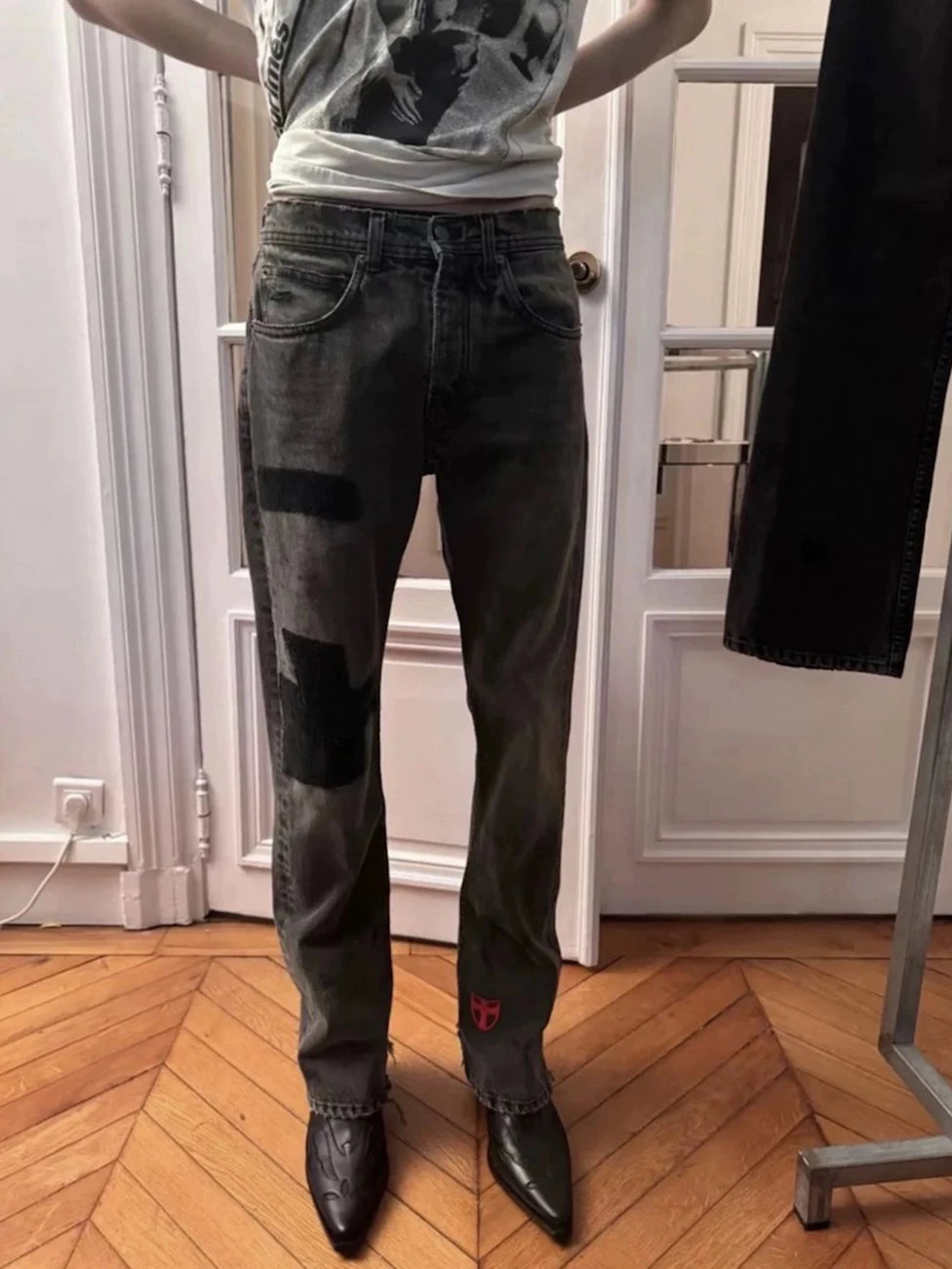 Y2K Embroidered Patchwork Distressed Baggy Black Denim Jeans